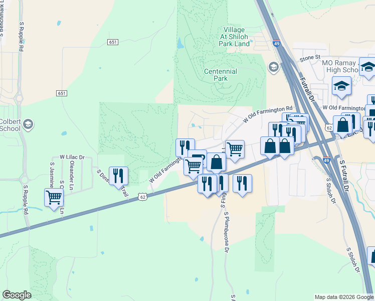 map of restaurants, bars, coffee shops, grocery stores, and more near 3220 West Old Farmington Road in Fayetteville