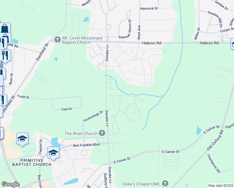 map of restaurants, bars, coffee shops, grocery stores, and more near 605 Fanning Way in Durham