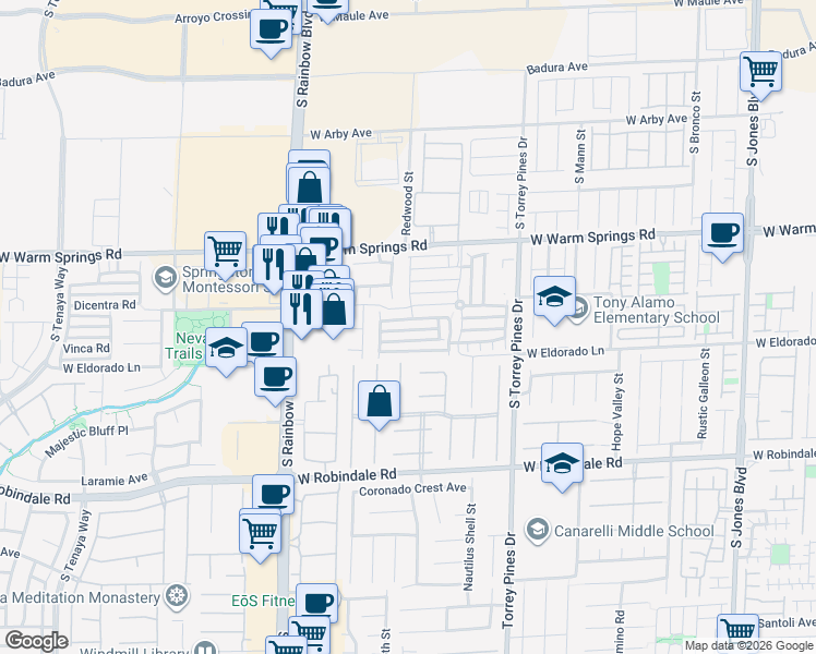 map of restaurants, bars, coffee shops, grocery stores, and more near 6700 Burbage Avenue in Las Vegas