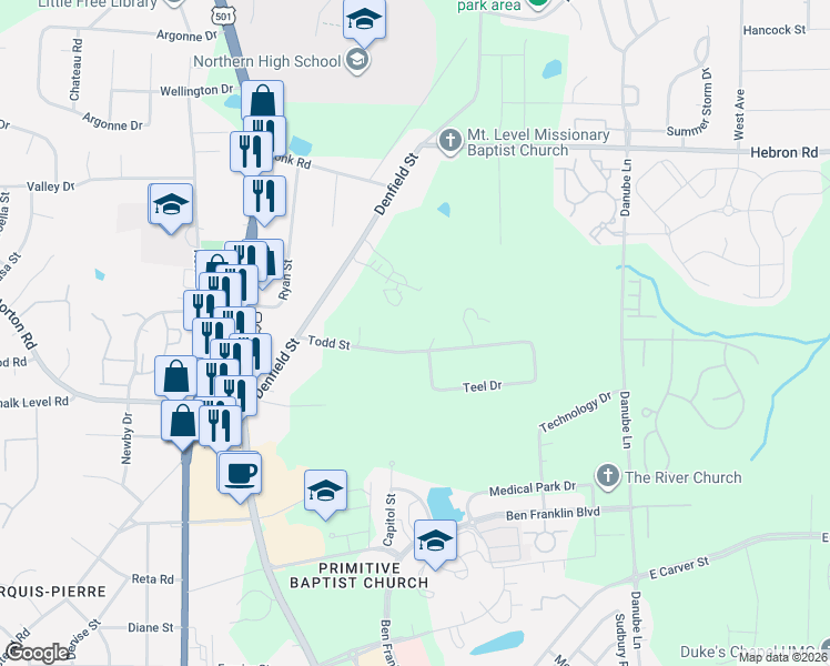 map of restaurants, bars, coffee shops, grocery stores, and more near 402 Todd Street in Durham