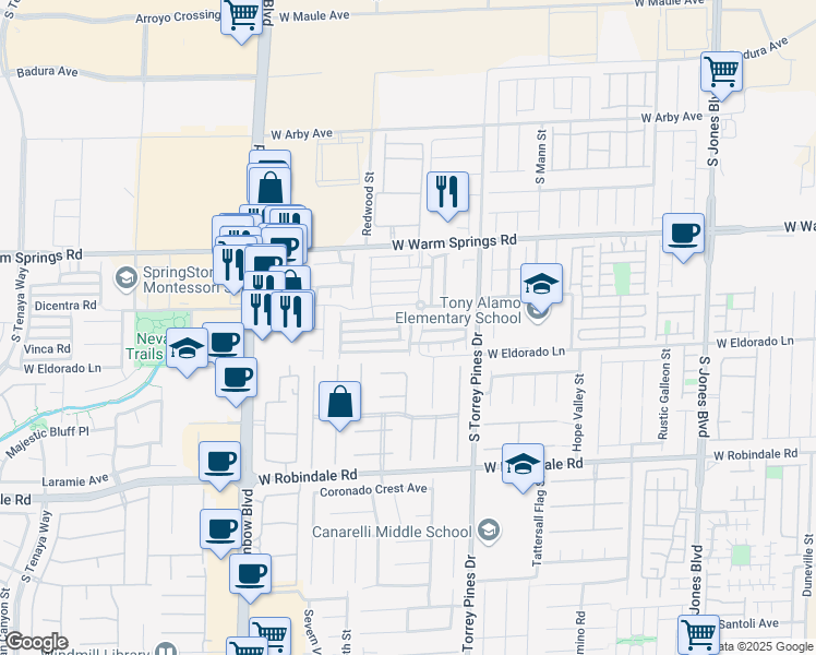 map of restaurants, bars, coffee shops, grocery stores, and more near 7445 Vernal Street in Las Vegas