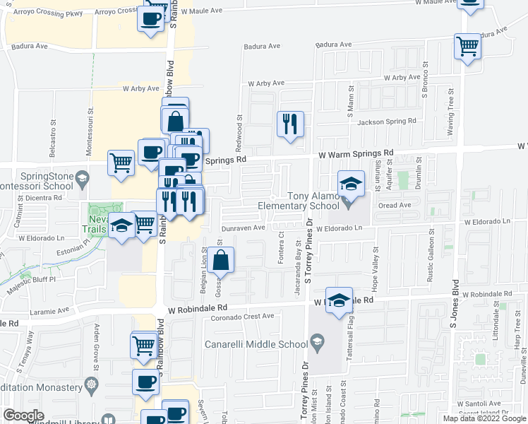 map of restaurants, bars, coffee shops, grocery stores, and more near 7445 Vernal Street in Las Vegas