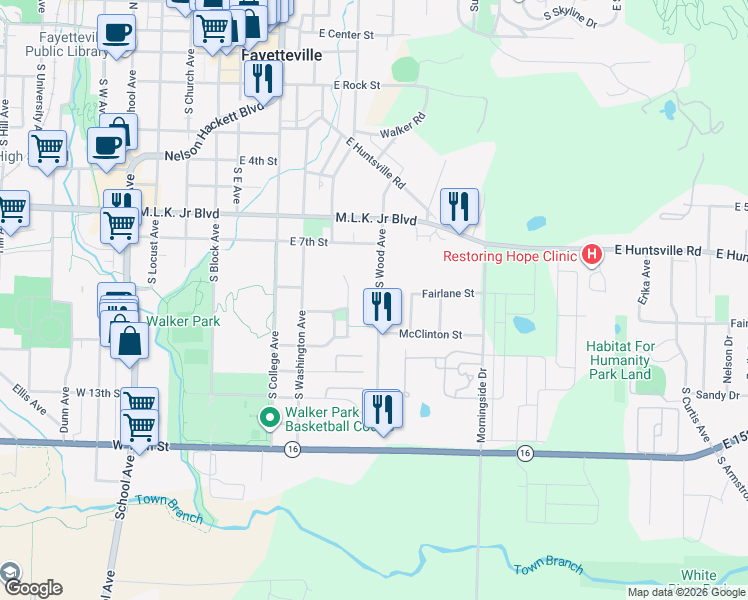 map of restaurants, bars, coffee shops, grocery stores, and more near 818 South Wood Avenue in Fayetteville