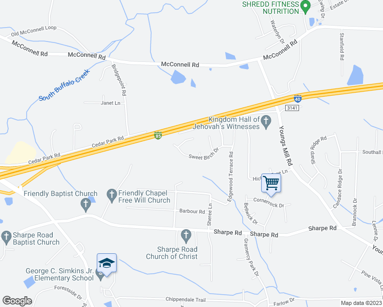 map of restaurants, bars, coffee shops, grocery stores, and more near 3625 Sweet Birch Drive in Greensboro