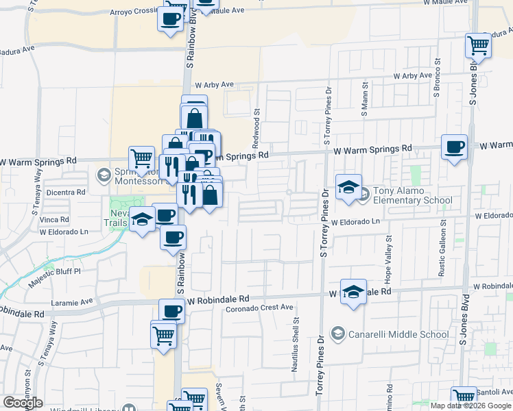 map of restaurants, bars, coffee shops, grocery stores, and more near 6720 West Churnet Valley Avenue in Las Vegas
