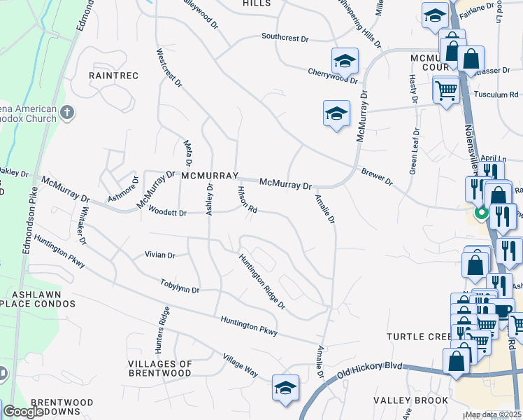 map of restaurants, bars, coffee shops, grocery stores, and more near 563 McMurray Drive in Nashville