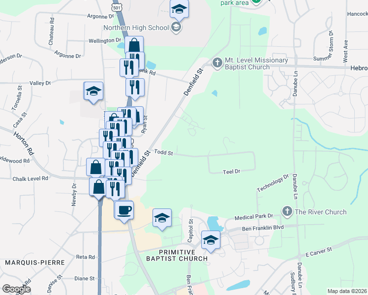 map of restaurants, bars, coffee shops, grocery stores, and more near 420 Todd Street in Durham