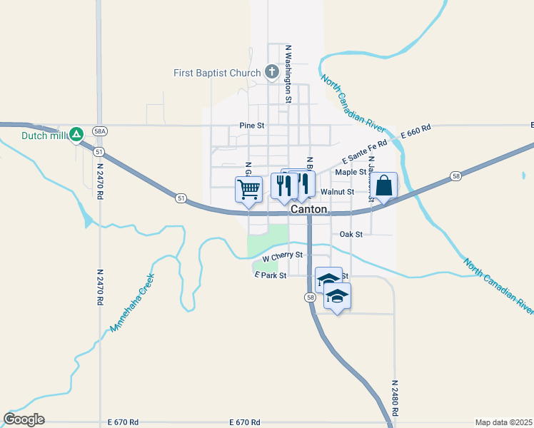 map of restaurants, bars, coffee shops, grocery stores, and more near 301 West Main Street in Watonga