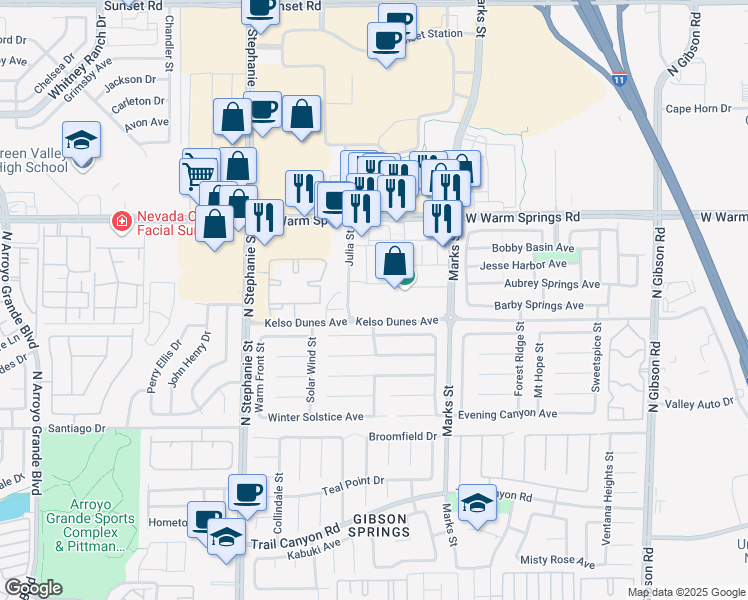 map of restaurants, bars, coffee shops, grocery stores, and more near 1245 W Warm Springs Rd in Henderson