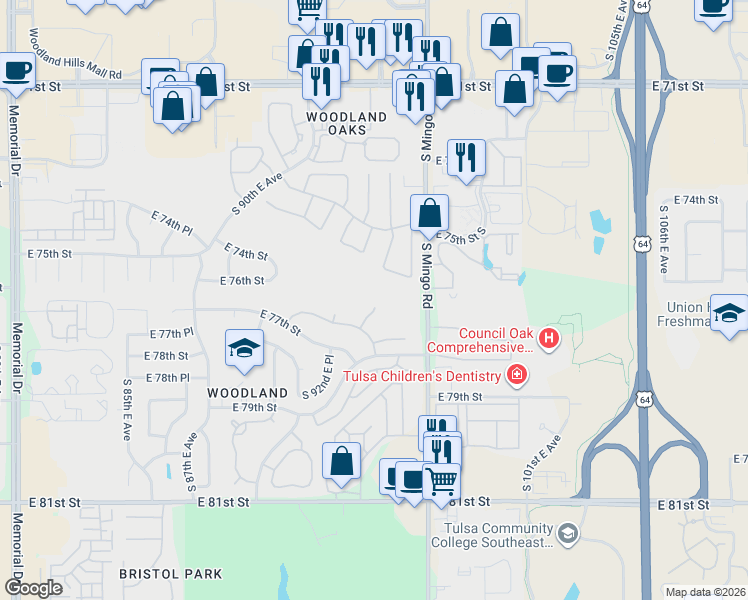 map of restaurants, bars, coffee shops, grocery stores, and more near 9502 East 76th Street in Tulsa