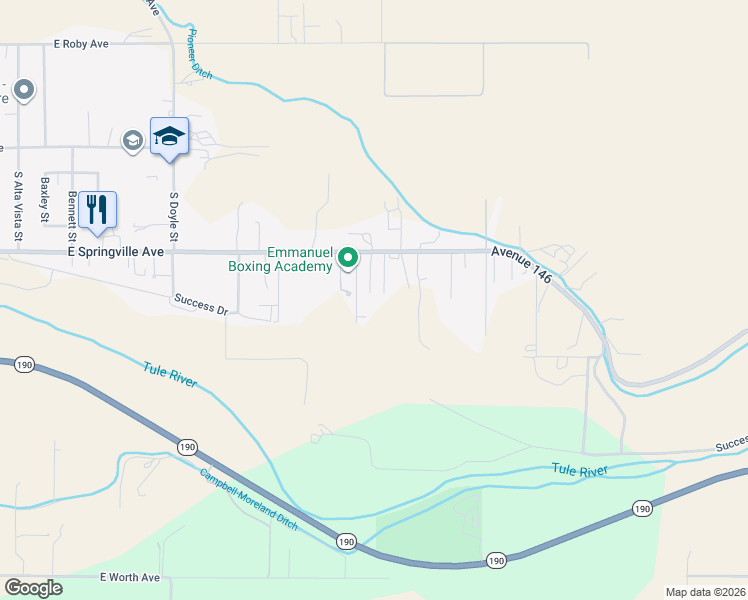map of restaurants, bars, coffee shops, grocery stores, and more near 27595 Avenue 146 in Porterville