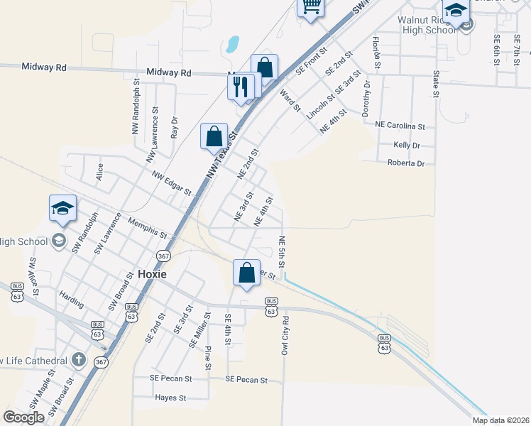map of restaurants, bars, coffee shops, grocery stores, and more near 404 Northeast 4th Street in Hoxie