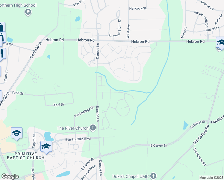 map of restaurants, bars, coffee shops, grocery stores, and more near 703 Fanning Way in Durham