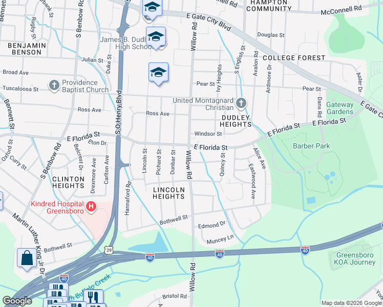 map of restaurants, bars, coffee shops, grocery stores, and more near 1522 Willow Road in Greensboro