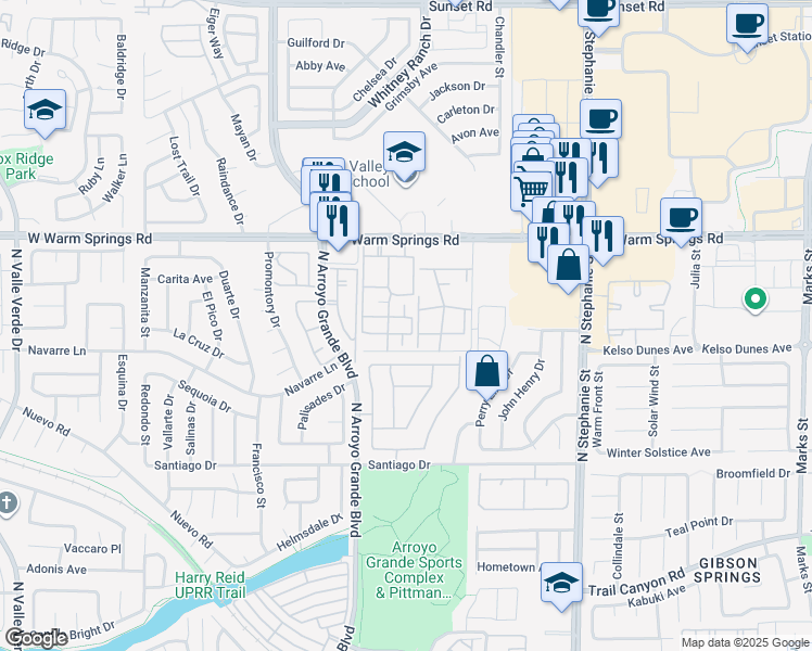 map of restaurants, bars, coffee shops, grocery stores, and more near 1575 West Warm Springs Road in Henderson