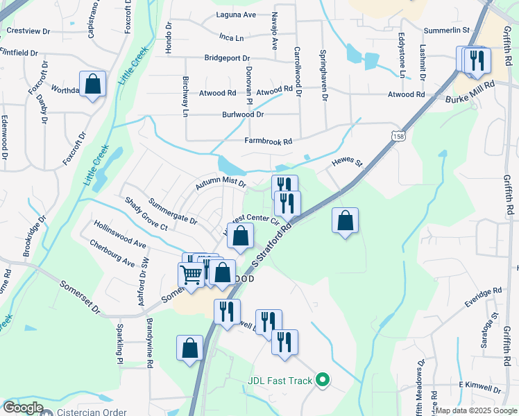 map of restaurants, bars, coffee shops, grocery stores, and more near 2422 Eagle Creek Court in Winston-Salem