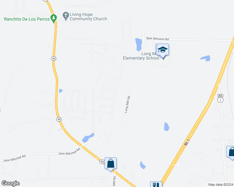 map of restaurants, bars, coffee shops, grocery stores, and more near 85 Meadowrue Lane in Youngsville
