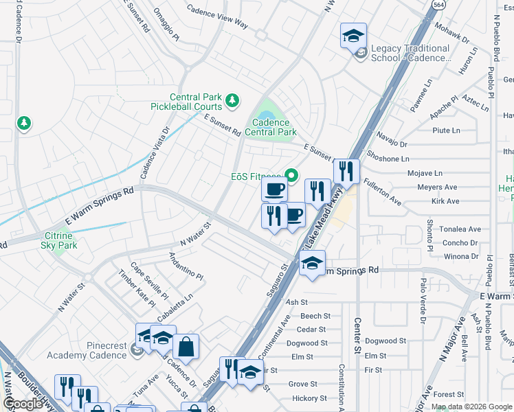 map of restaurants, bars, coffee shops, grocery stores, and more near 374 Gracious Way in Henderson