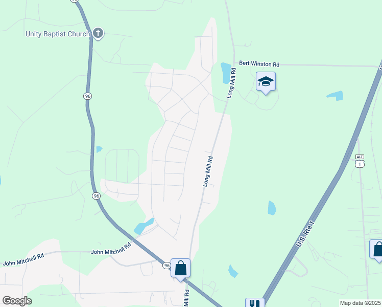map of restaurants, bars, coffee shops, grocery stores, and more near 85 Meadowrue Lane in Youngsville