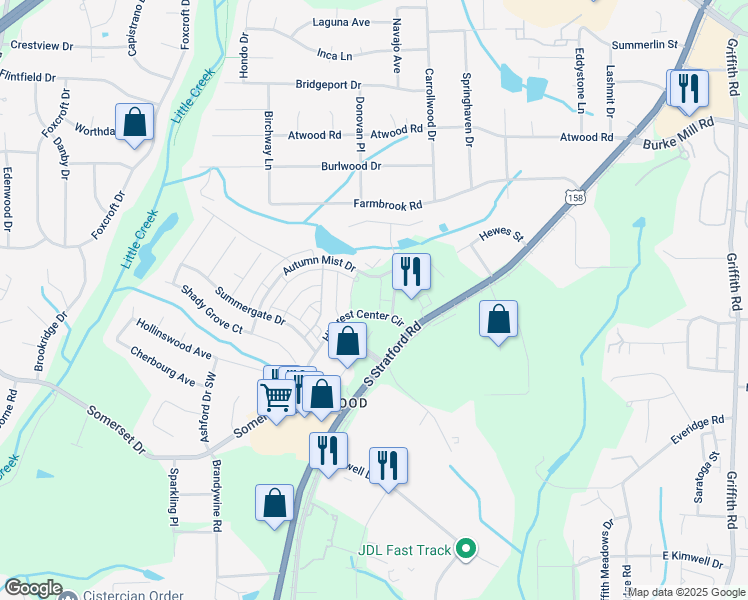 map of restaurants, bars, coffee shops, grocery stores, and more near 3860 Crestwell Cove Court in Winston-Salem