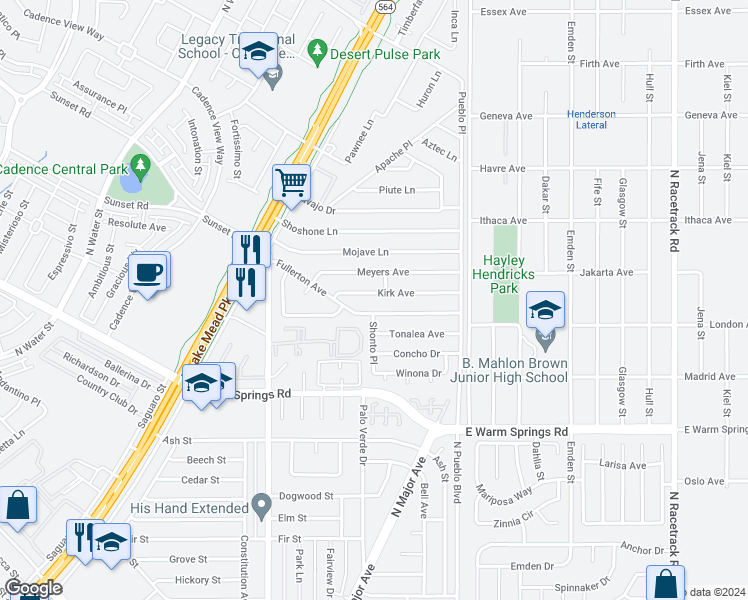 map of restaurants, bars, coffee shops, grocery stores, and more near 218 Kirk Avenue in Henderson
