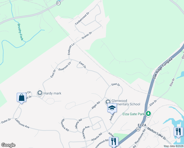 map of restaurants, bars, coffee shops, grocery stores, and more near 342 East Drive in Oak Ridge