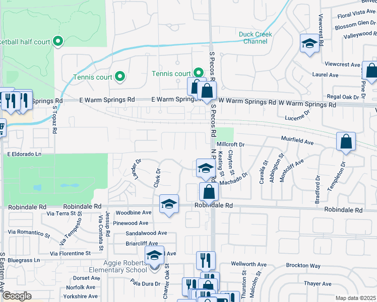 map of restaurants, bars, coffee shops, grocery stores, and more near 7492 South Midfield Court in Las Vegas