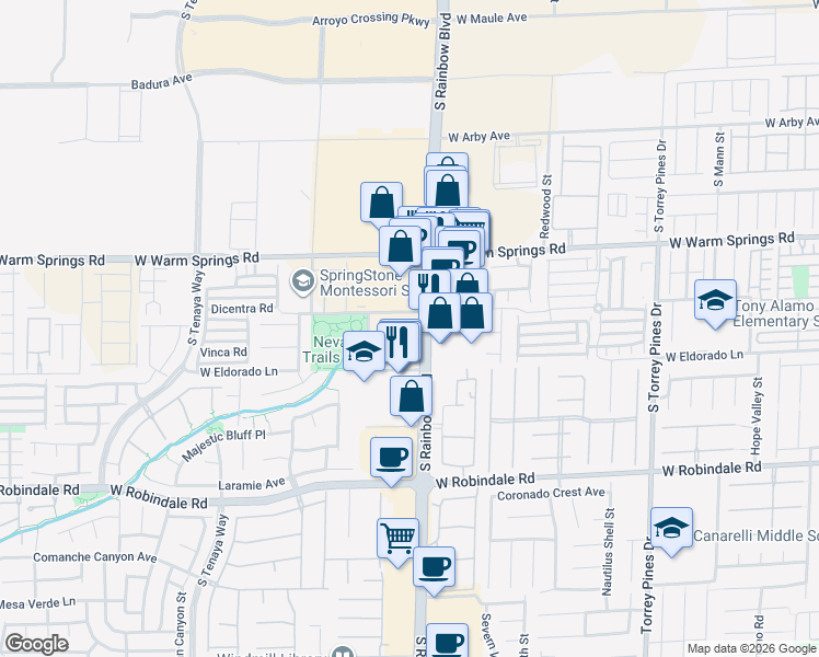 map of restaurants, bars, coffee shops, grocery stores, and more near 7385 South Rainbow Boulevard in Las Vegas