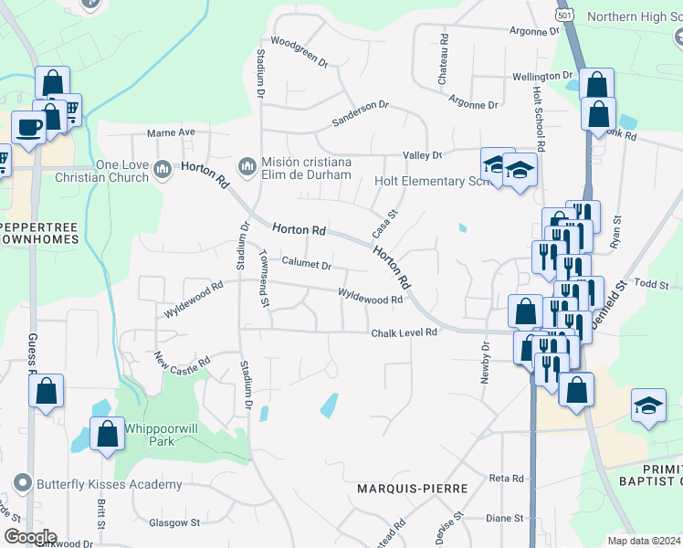 map of restaurants, bars, coffee shops, grocery stores, and more near 1001 Calumet Drive in Durham