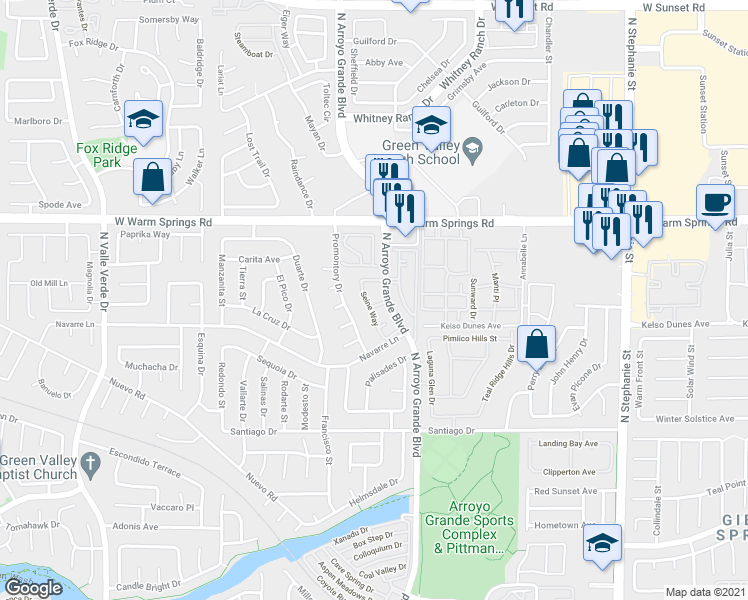map of restaurants, bars, coffee shops, grocery stores, and more near 1688 Normandy Way in Henderson