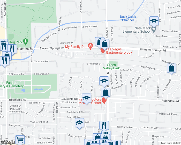 map of restaurants, bars, coffee shops, grocery stores, and more near 7492 Thornsby Court in Las Vegas