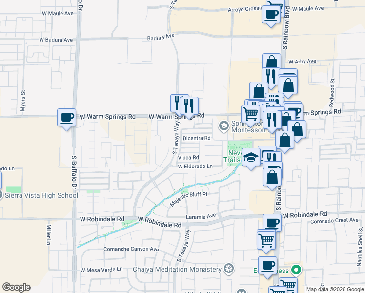 map of restaurants, bars, coffee shops, grocery stores, and more near 7303 Dicentra Road in Las Vegas