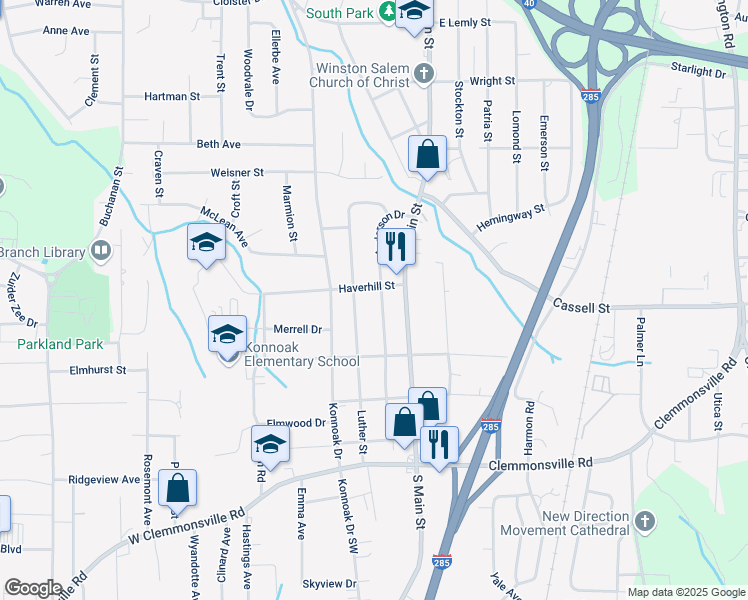 map of restaurants, bars, coffee shops, grocery stores, and more near 3170 Anderson Drive in Winston-Salem