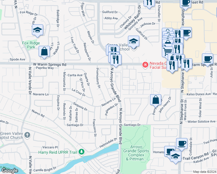 map of restaurants, bars, coffee shops, grocery stores, and more near 1688 Normandy Way in Henderson