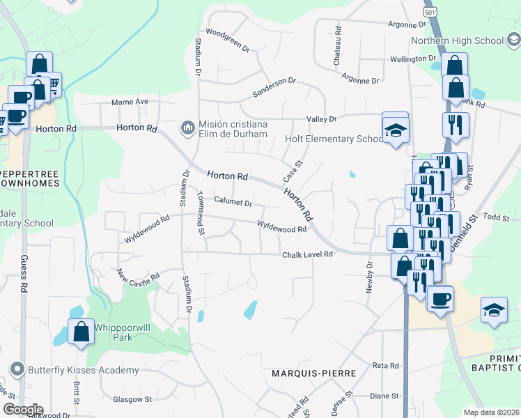 map of restaurants, bars, coffee shops, grocery stores, and more near 1001 Calumet Drive in Durham