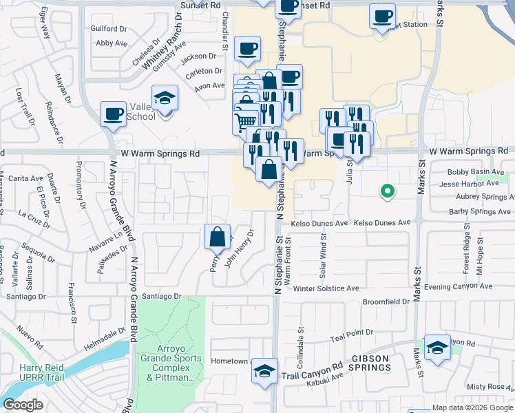map of restaurants, bars, coffee shops, grocery stores, and more near 375 North Stephanie Street in Henderson