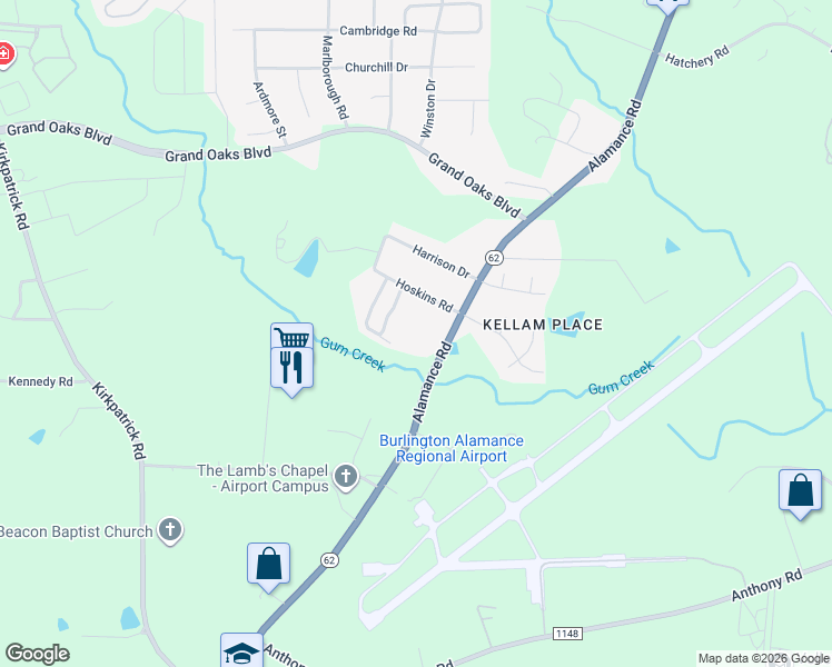 map of restaurants, bars, coffee shops, grocery stores, and more near 3265 Alamance Road in Burlington