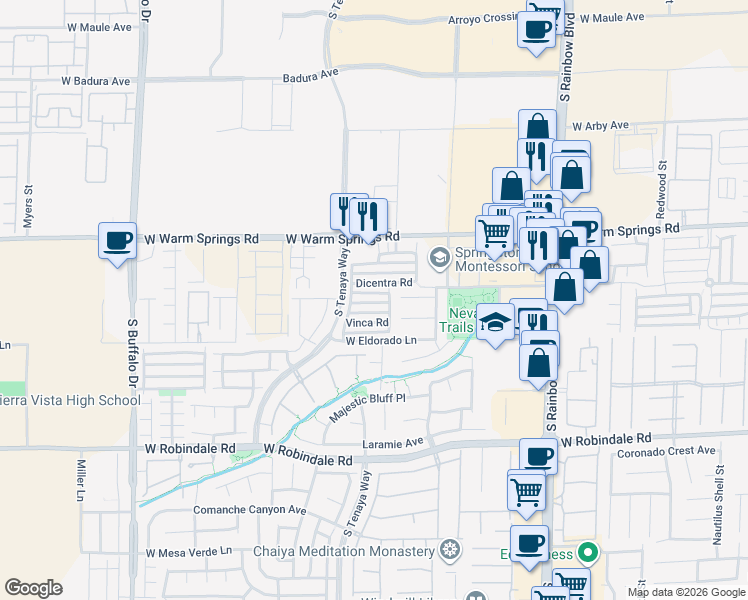 map of restaurants, bars, coffee shops, grocery stores, and more near 7303 Dicentra Road in Las Vegas