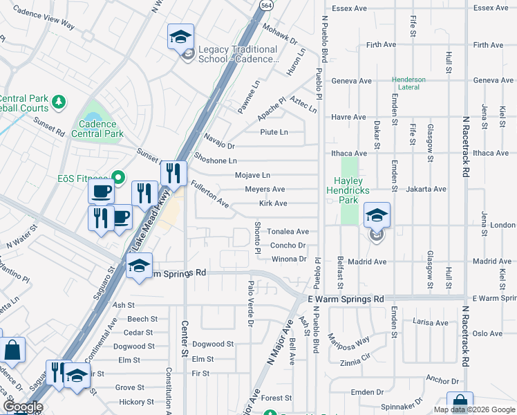 map of restaurants, bars, coffee shops, grocery stores, and more near 218 Kirk Avenue in Henderson