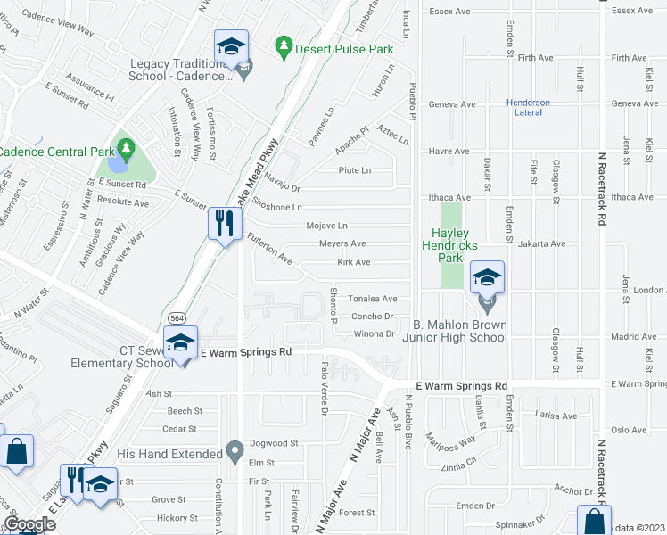 map of restaurants, bars, coffee shops, grocery stores, and more near 218 Kirk Avenue in Henderson