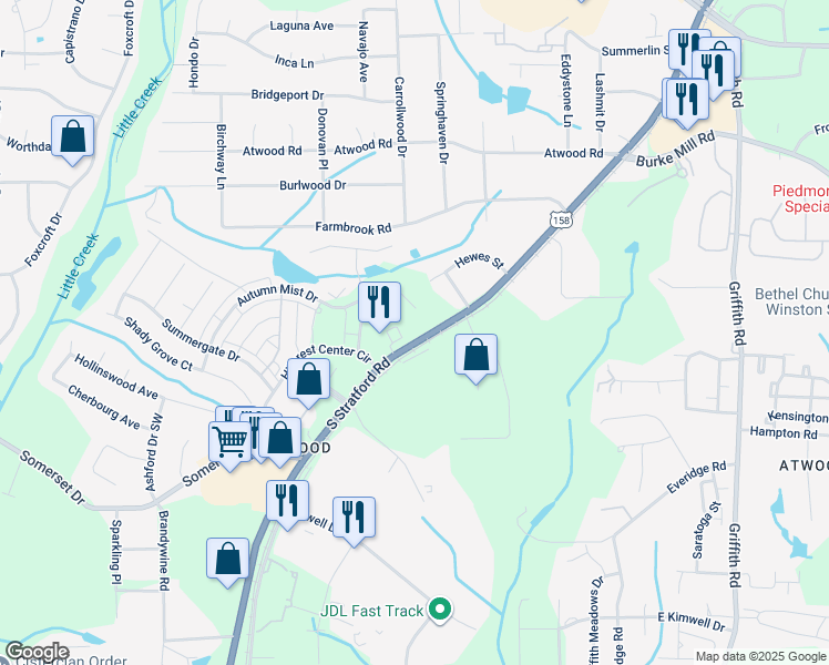 map of restaurants, bars, coffee shops, grocery stores, and more near 2430 South Stratford Road in Winston-Salem