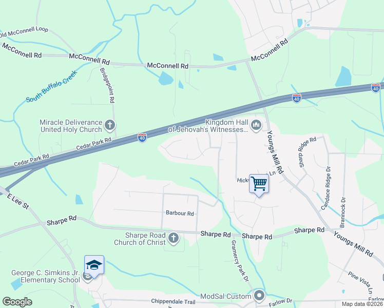 map of restaurants, bars, coffee shops, grocery stores, and more near 3907 Southeast Jack Pine Court in Greensboro