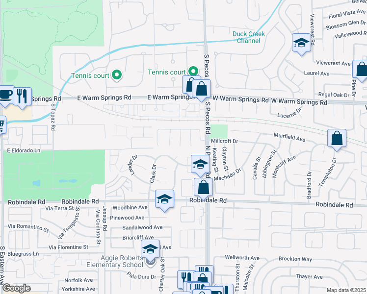 map of restaurants, bars, coffee shops, grocery stores, and more near 7492 South Midfield Court in Las Vegas