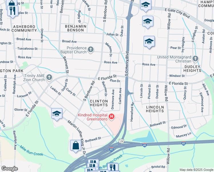 map of restaurants, bars, coffee shops, grocery stores, and more near 1809 Belcrest Drive in Greensboro