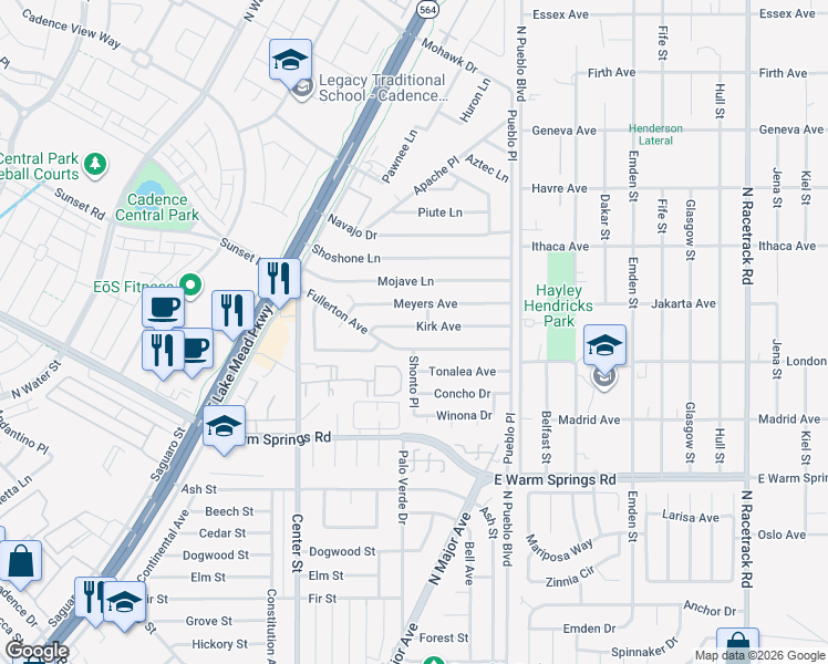 map of restaurants, bars, coffee shops, grocery stores, and more near 215 Kirk Avenue in Henderson
