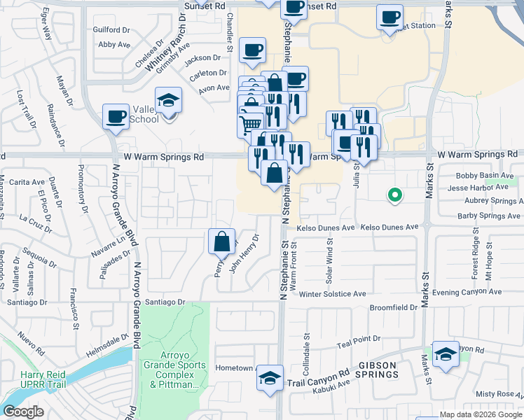 map of restaurants, bars, coffee shops, grocery stores, and more near 375 North Stephanie Street in Henderson