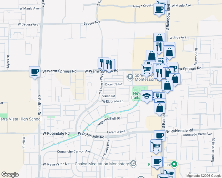 map of restaurants, bars, coffee shops, grocery stores, and more near 7303 Dicentra Road in Las Vegas