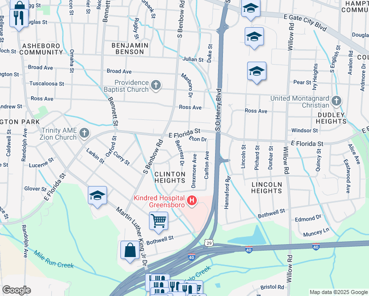map of restaurants, bars, coffee shops, grocery stores, and more near 1809 Belcrest Drive in Greensboro
