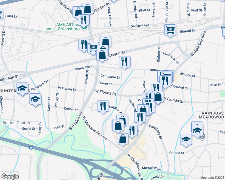 map of restaurants, bars, coffee shops, grocery stores, and more near 1423 Swan Street in Greensboro