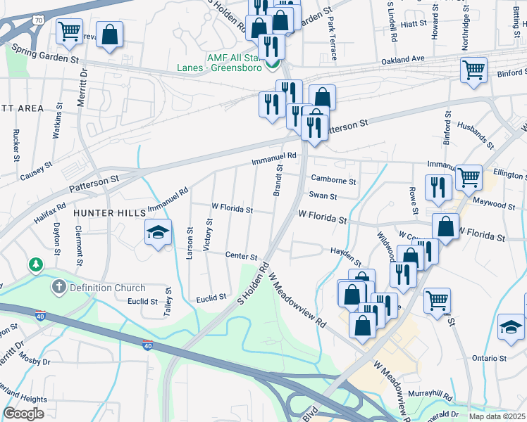 map of restaurants, bars, coffee shops, grocery stores, and more near 1317 Town Street in Greensboro